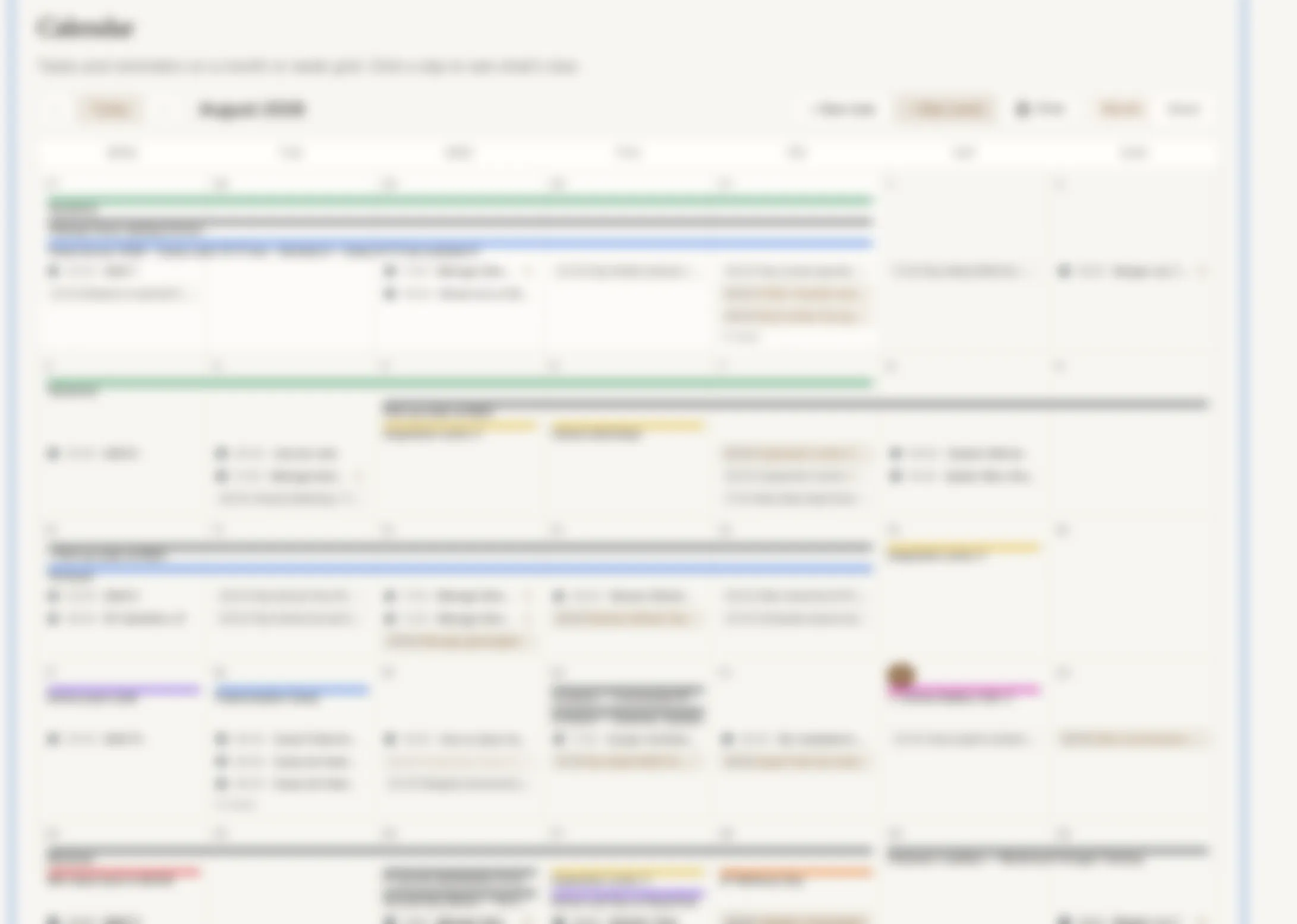 Domi's calendar, before: thin single-colour event bars with the label crammed underneath (text blurred for household privacy)