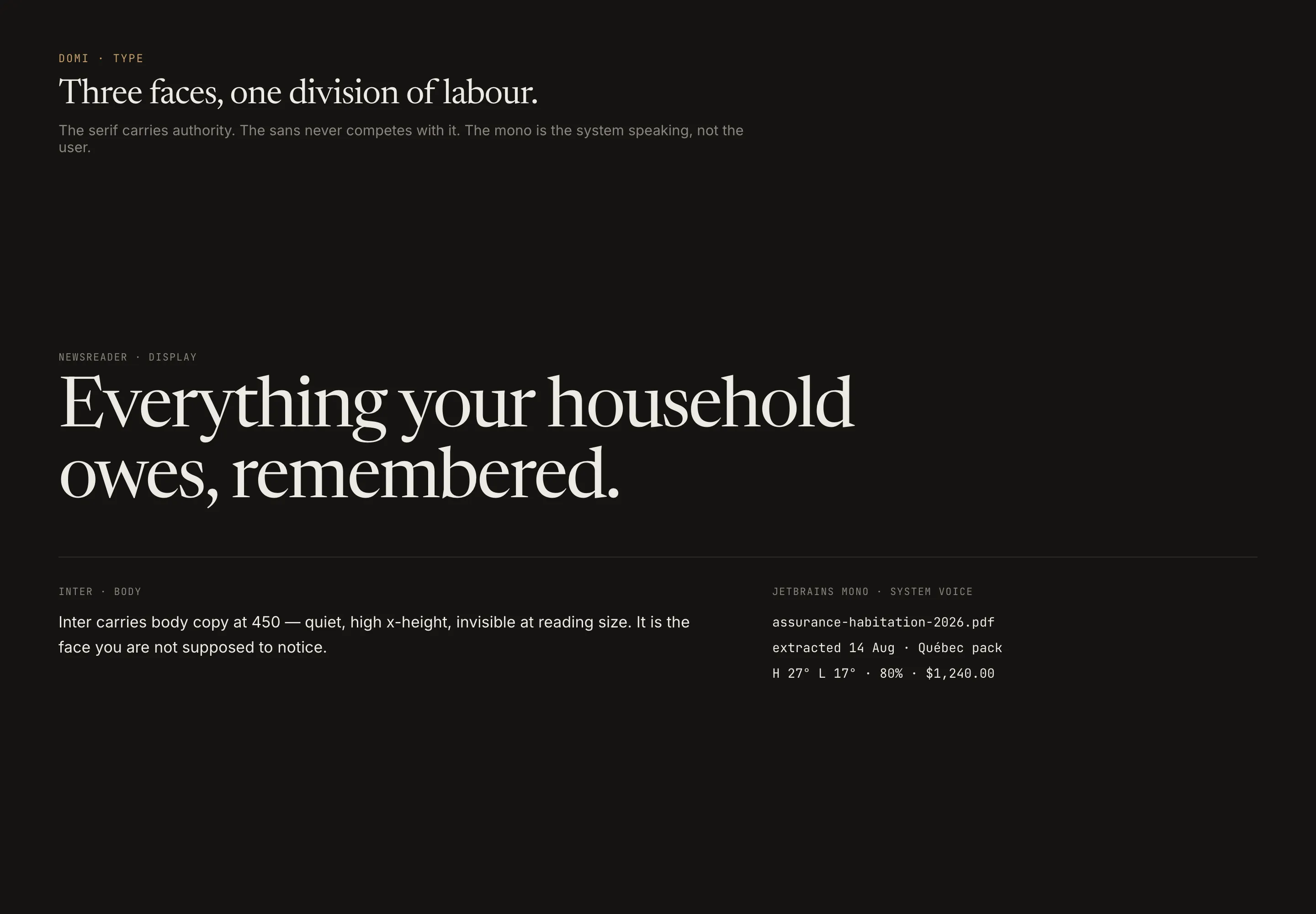 Type specimen — Newsreader set large as the display face, with Inter body copy and JetBrains Mono showing filenames, dates and tabular figures